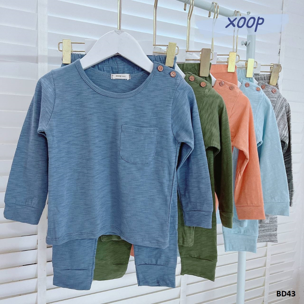 Bộ dài tay XOOP cotton vân gỗ cài vai có túi bé trai bé gái  BD43,Đồ bộ thời trang quần áo trẻ em Shop Phúc Yến