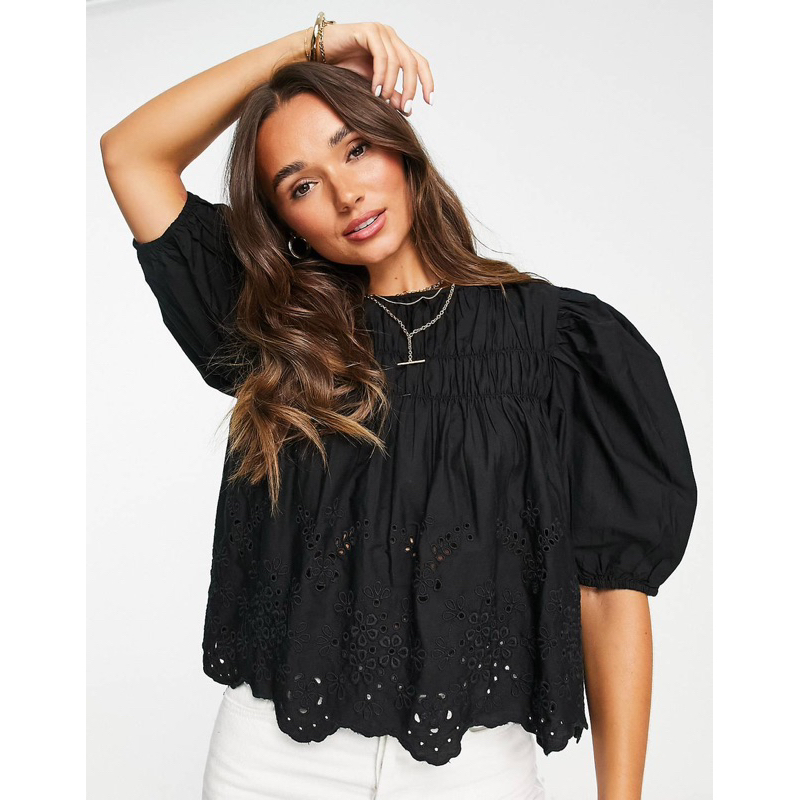 Áo crop đen Mango tay bồng