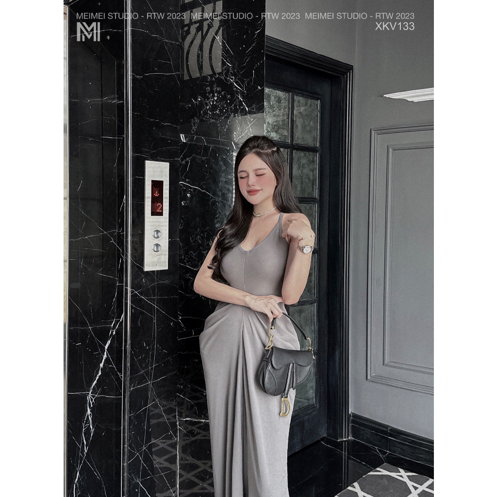 Đầm Maxi Cổ Yếm Xếp Đổ, Vai Co Giãn Thoải Mái, Phong Cách Trang Trọng, Quý Phái, Mặc Đi Tiệc | Xkv133 | Meimei Studio