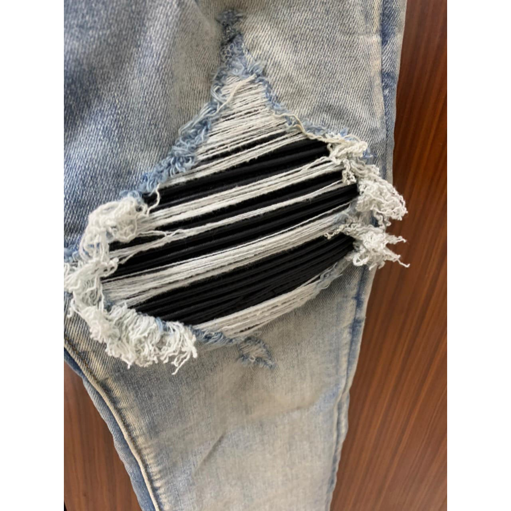 Quần AMIRI 4 Cúc Xanh Gối Vá Da Nhăn Quần Skinny Jean Amiri Nam Rách Gối Da Đen Trắng Đỏ Vá Họa Tiết Hot