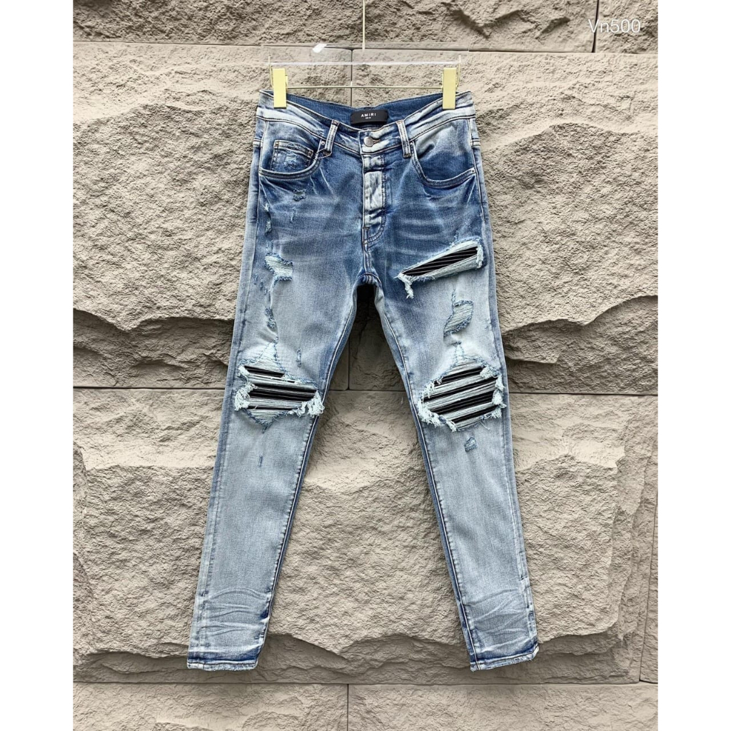Quần AMIRI 4 Cúc Xanh Gối Vá Da Nhăn Quần Skinny Jean Amiri Nam Rách Gối Da Đen Trắng Đỏ Vá Họa Tiết Hot