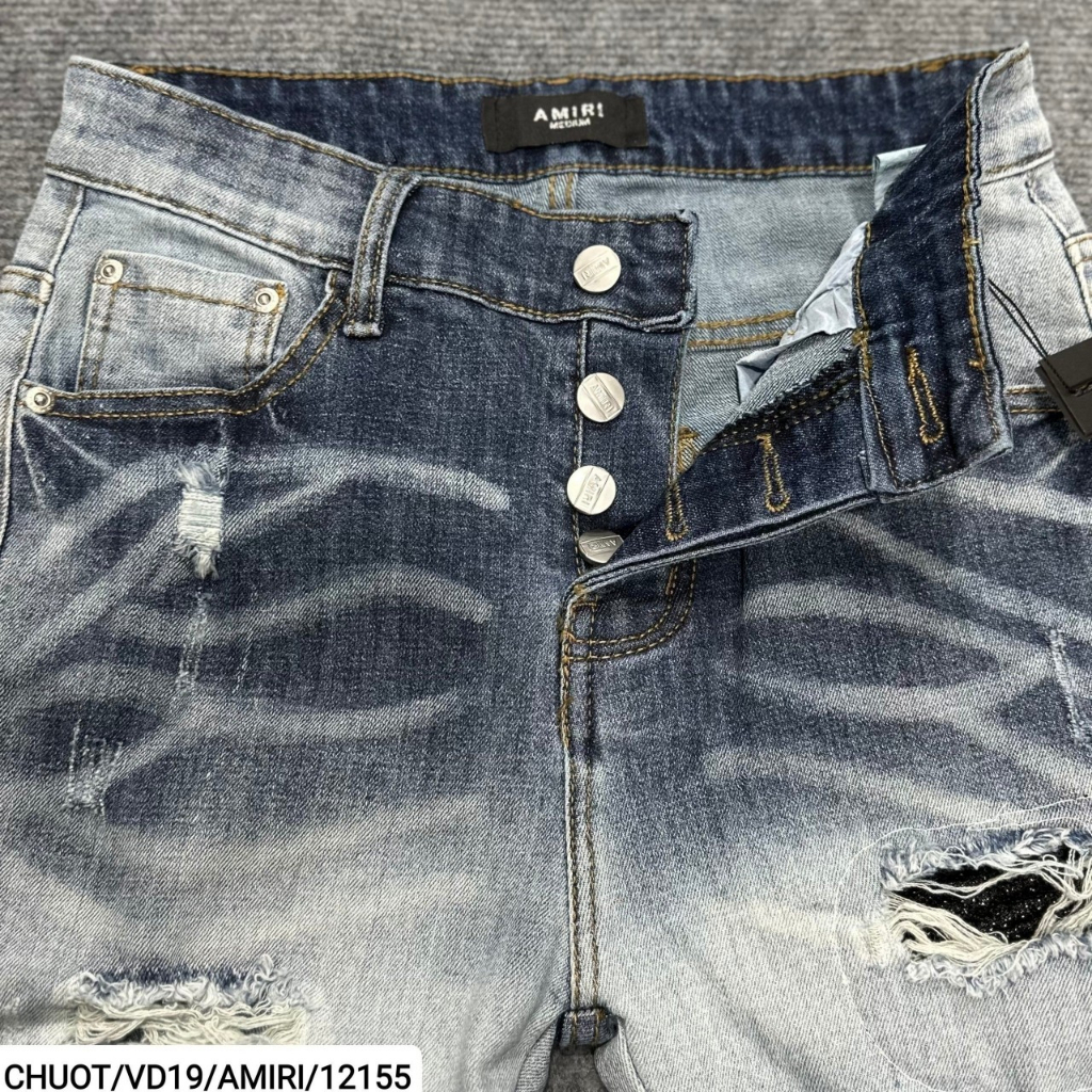 Quần AMIRI 4 Cúc Xanh Gối Vá Da Nhăn Quần Skinny Jean Amiri Nam Rách Gối Da Đen Trắng Đỏ Vá Họa Tiết Hot