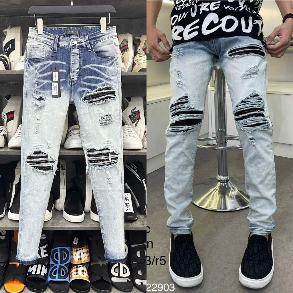 Quần AMIRI 4 Cúc Xanh Gối Vá Da Nhăn Quần Skinny Jean Amiri Nam Rách Gối Da Đen Trắng Đỏ Vá Họa Tiết Hot