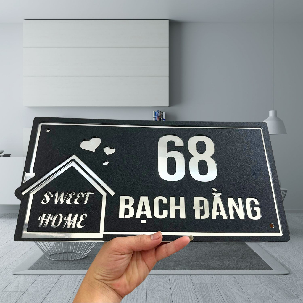 Bảng , Biển Số Nhà Alumin Vàng + Mica Cán Sần Chữ Chìm , thiết kế theo yêu cầu