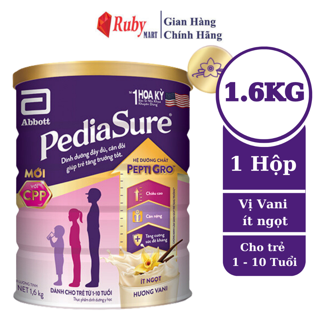 Sữa bột Pediasure 1.6kg hương vani ít ngọt giúp bé tăng trưởng về chiều cao