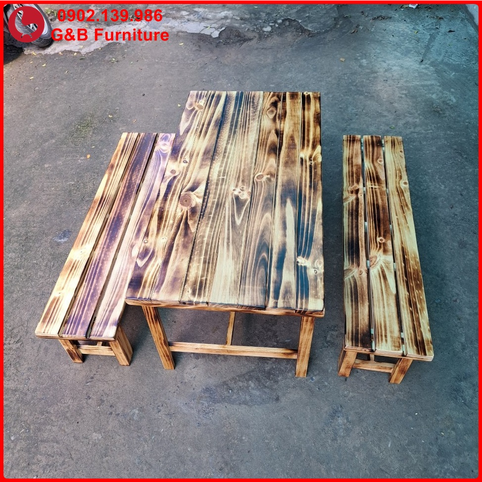 Bộ bàn ghế gỗ cho quán ăn màu giả cháy, Combo gồm 1 bàn và 2 ghế băng