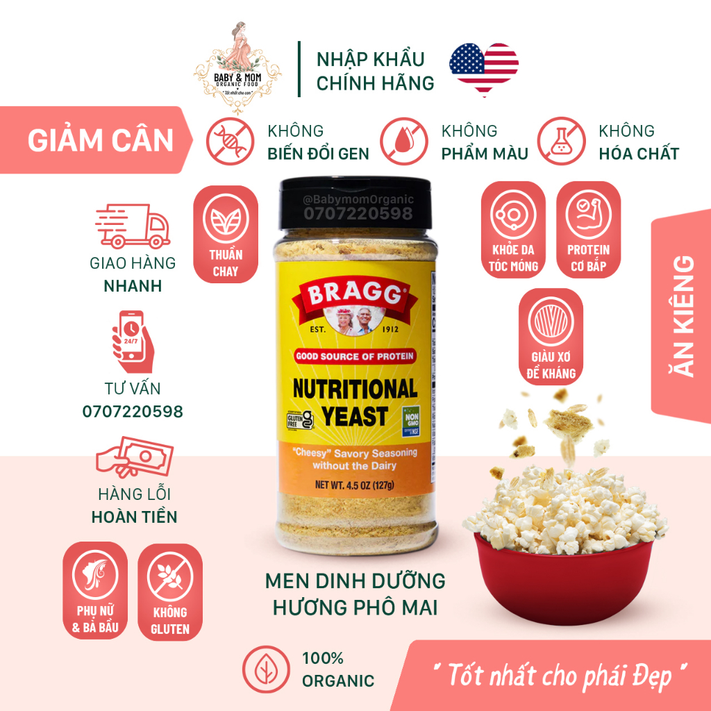 Men Dinh Dưỡng Bragg Nutritional Yeast 127g - Thuần chay giàu Protein - Ăn kiêng - G i ả m cân