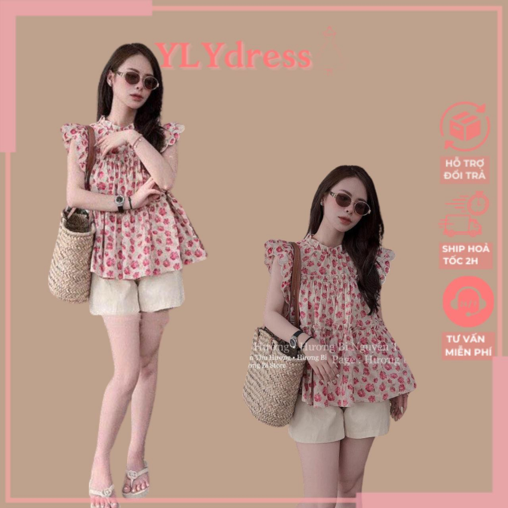 Áo sơ mi nữ sát nách áo babydoll voan tơ tàu cổ bèo YLY áo hoa hồng cánh tiên viền bèo freesize xinh xắn tiểu thư C1833