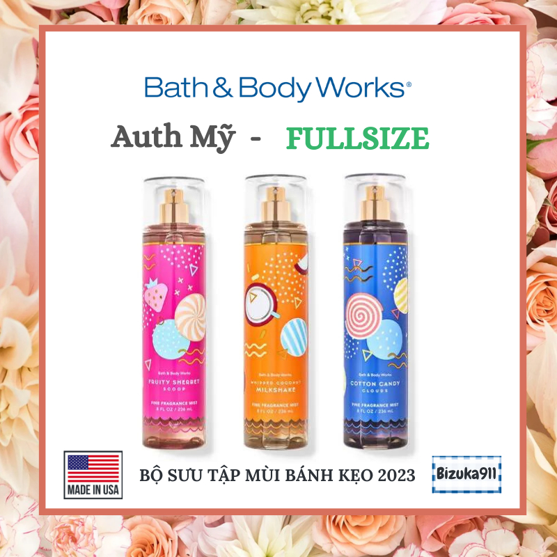 Whipped Coconut Milkshake| Cotton Candy Clouds| Fruity Sherbet Scoop - Body mist xịt thơm toàn thân Bath & Body Works