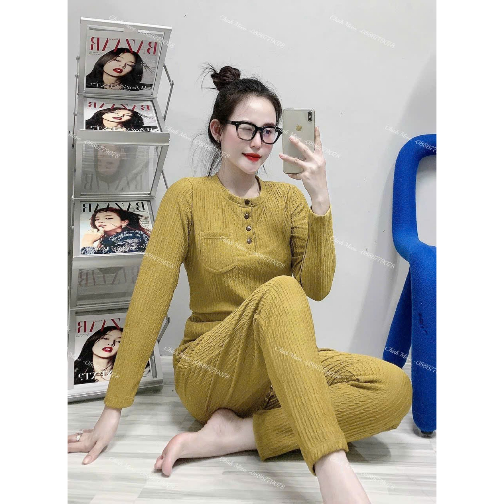 [8.8 Sales Freeship] Set bộ thun xốp tay dài cổ trụ đính nút mix quần ôm dài, set bộ ủ kem cổ tròn có túi quần dài mtb