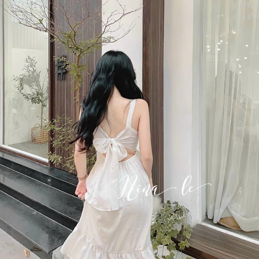 [8.8 Sales Freeship] Đầm lụa trắng cổ vuông 2 dây cột nơ sau lưng, đầm trắng bèo ôm eo dáng xòe hở lưng quyễn rũ mtb