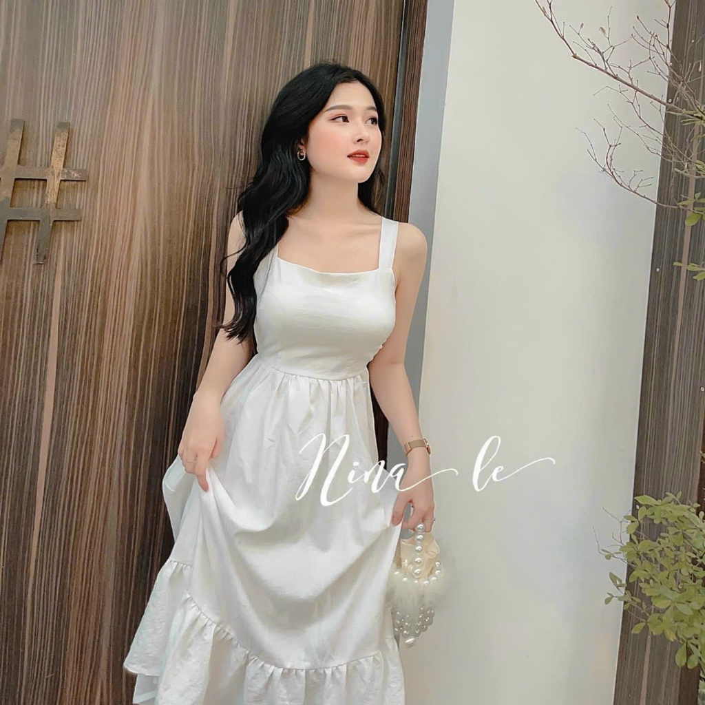 [8.8 Sales Freeship] Đầm lụa trắng cổ vuông 2 dây cột nơ sau lưng, đầm trắng bèo ôm eo dáng xòe hở lưng quyễn rũ mtb