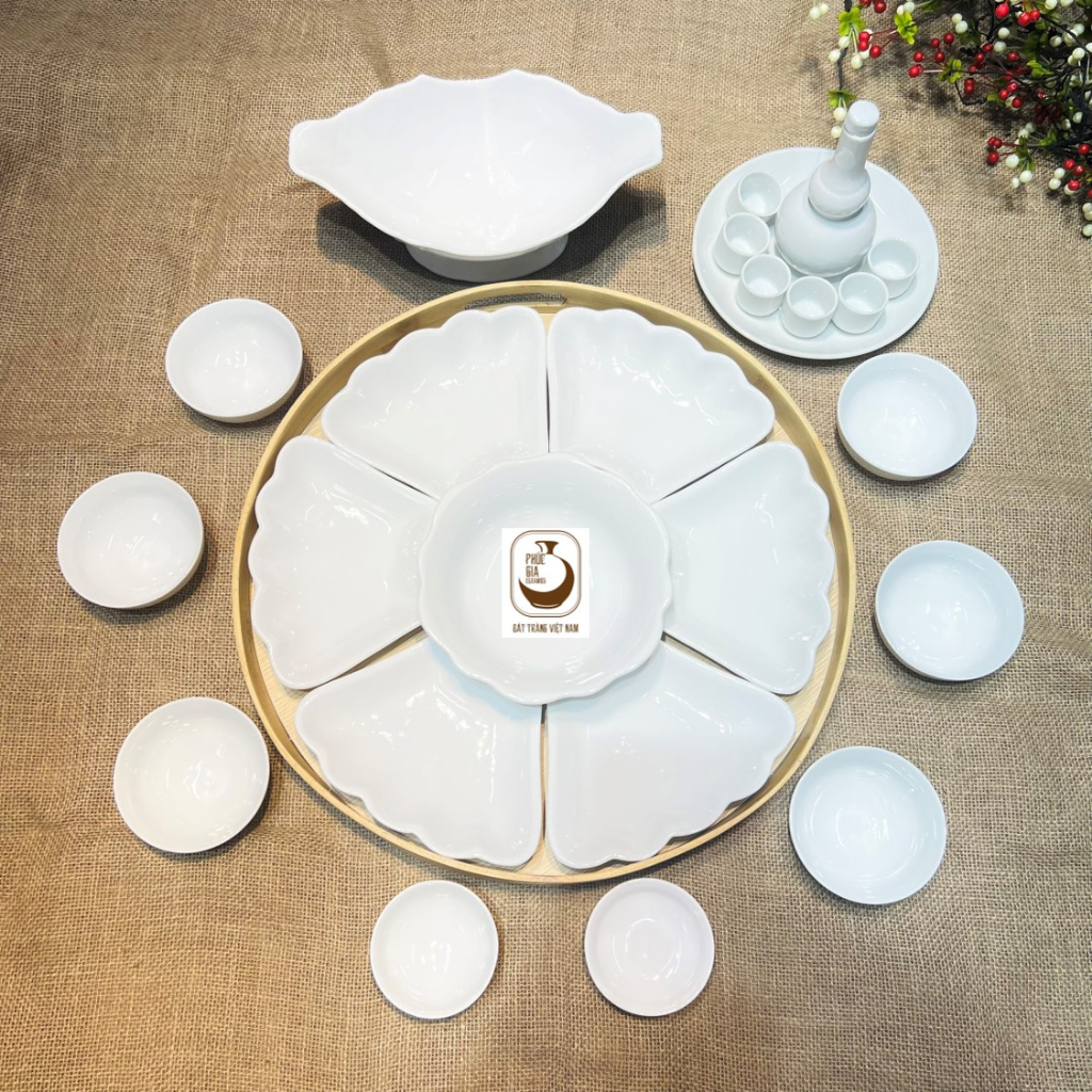 Bộ Bát đĩa hoa mặt trời trắng tinh, Bát đĩa gốm Bát tràng cao cấp, Bày cơm cúng ngày giỗ tết