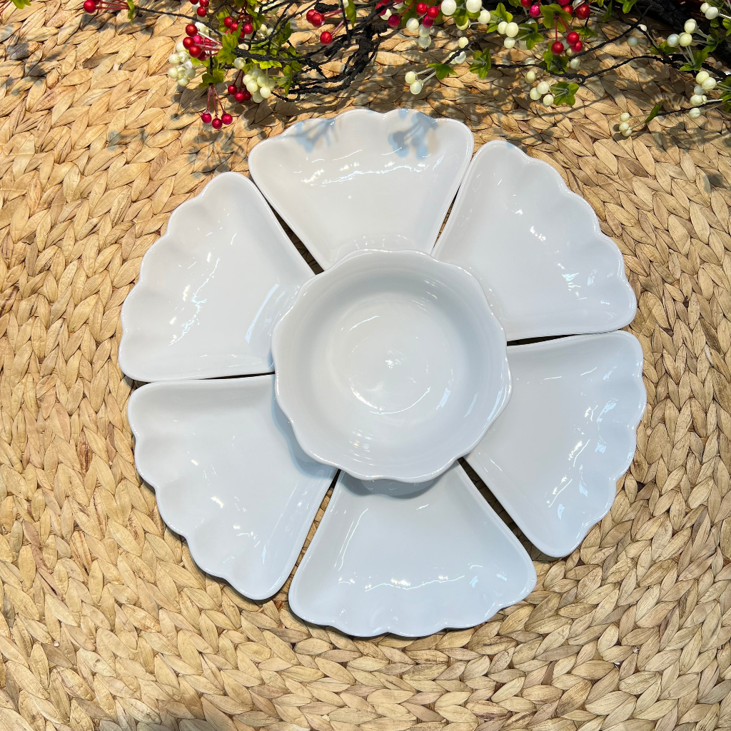 Bộ Bát đĩa hoa mặt trời trắng tinh, Bát đĩa gốm Bát tràng cao cấp, Bày cơm cúng ngày giỗ tết