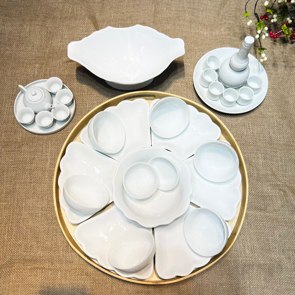 Bộ Bát đĩa hoa mặt trời trắng tinh, Bát đĩa gốm Bát tràng cao cấp, Bày cơm cúng ngày giỗ tết