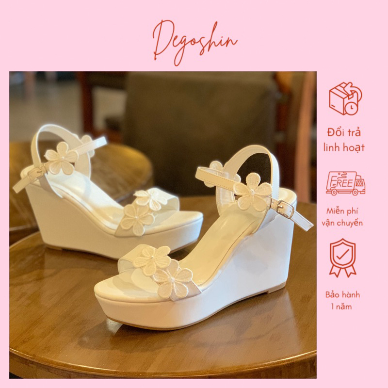 Giày sandal nữ, giày cưới đế xuồng 10cm Degoshin - tôn dáng, nhẹ êm và chắc chân hoa năm cánh phối châu nhỏ