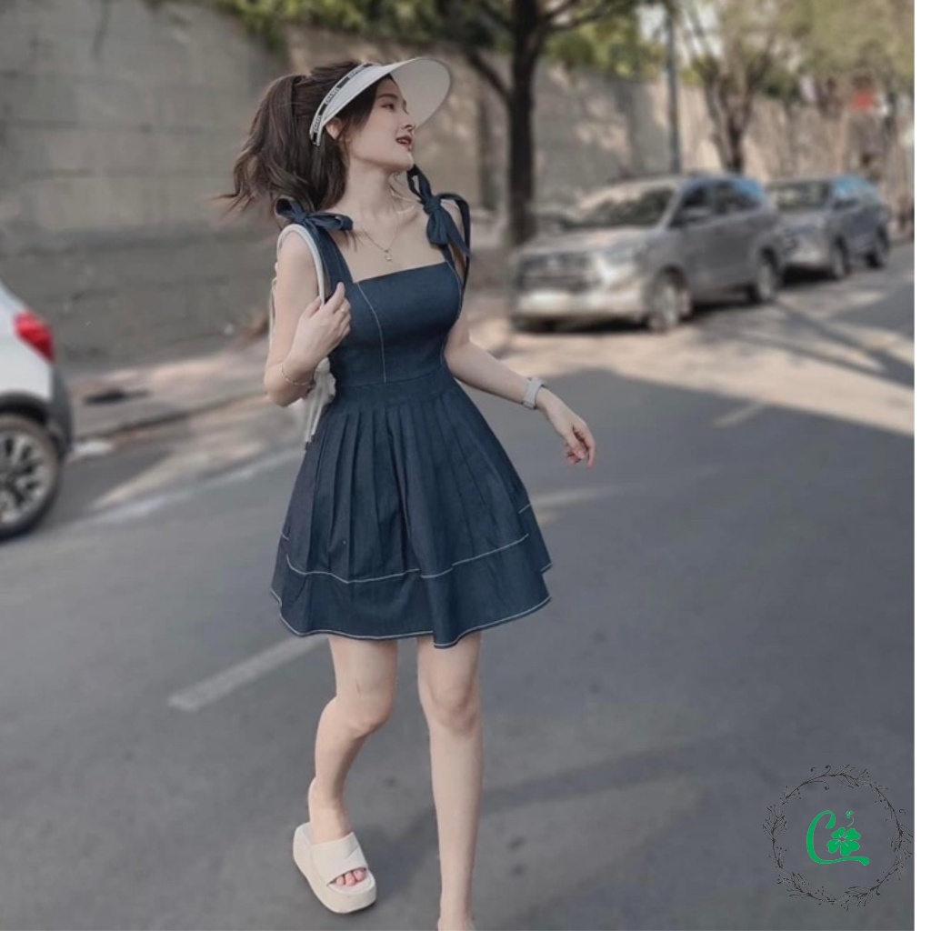 Váy đầm jean 2 dây thắt nơ vai COCOSTORE V25