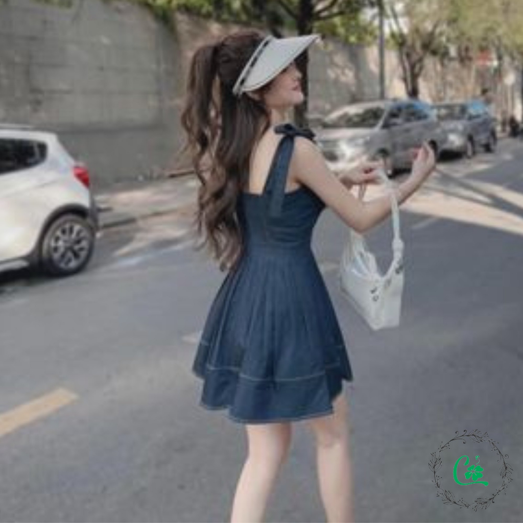 Váy đầm jean 2 dây thắt nơ vai COCOSTORE V25