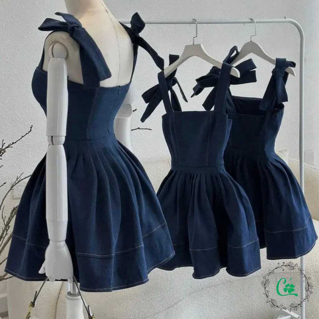 Váy đầm jean 2 dây thắt nơ vai COCOSTORE V25