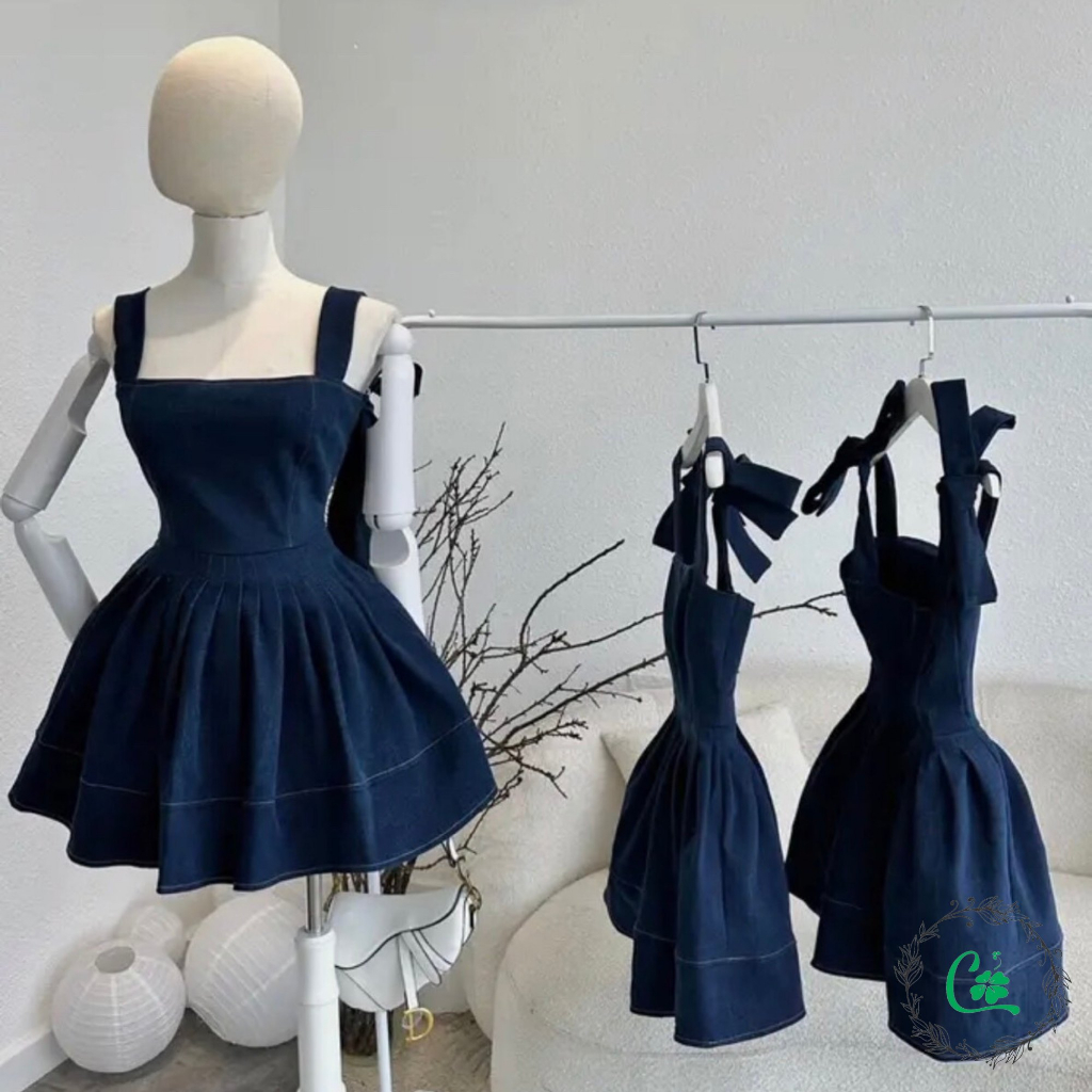 Váy đầm jean 2 dây thắt nơ vai COCOSTORE V25