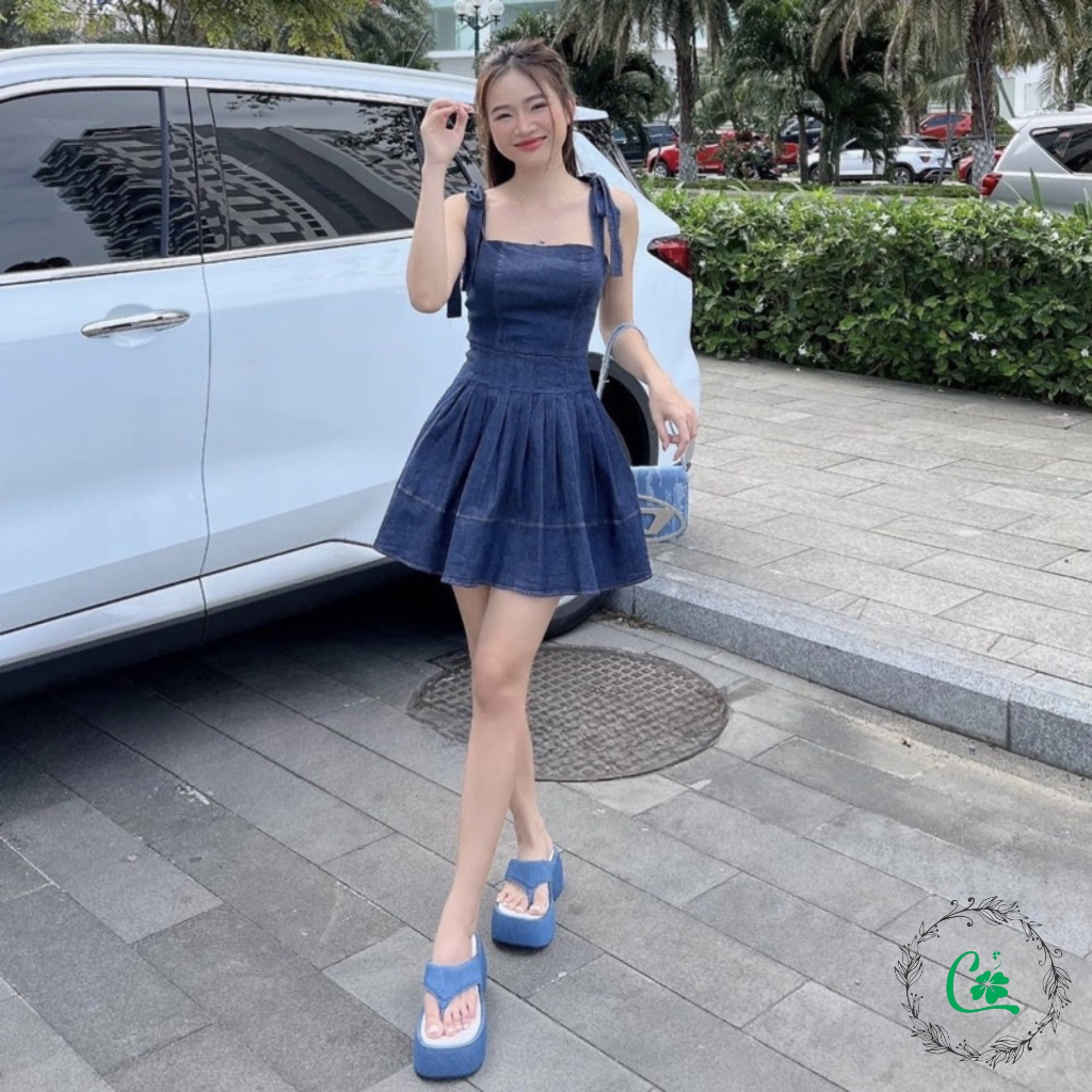 Váy đầm jean 2 dây thắt nơ vai COCOSTORE V25