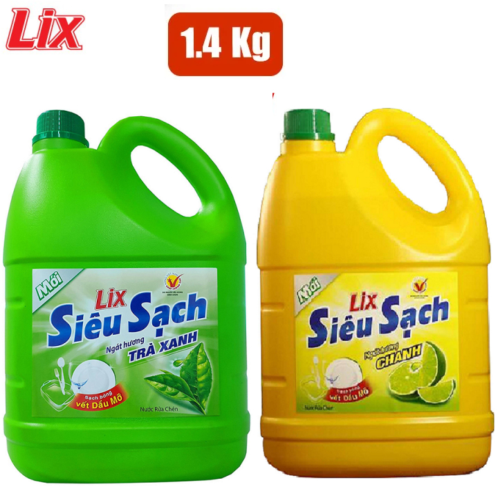 Nước rửa chén Lix 1.4kg hương trà xanh & hương chanh sạch bóng vết dầu mỡ ( KHÔNG KHÔ DA TAY)