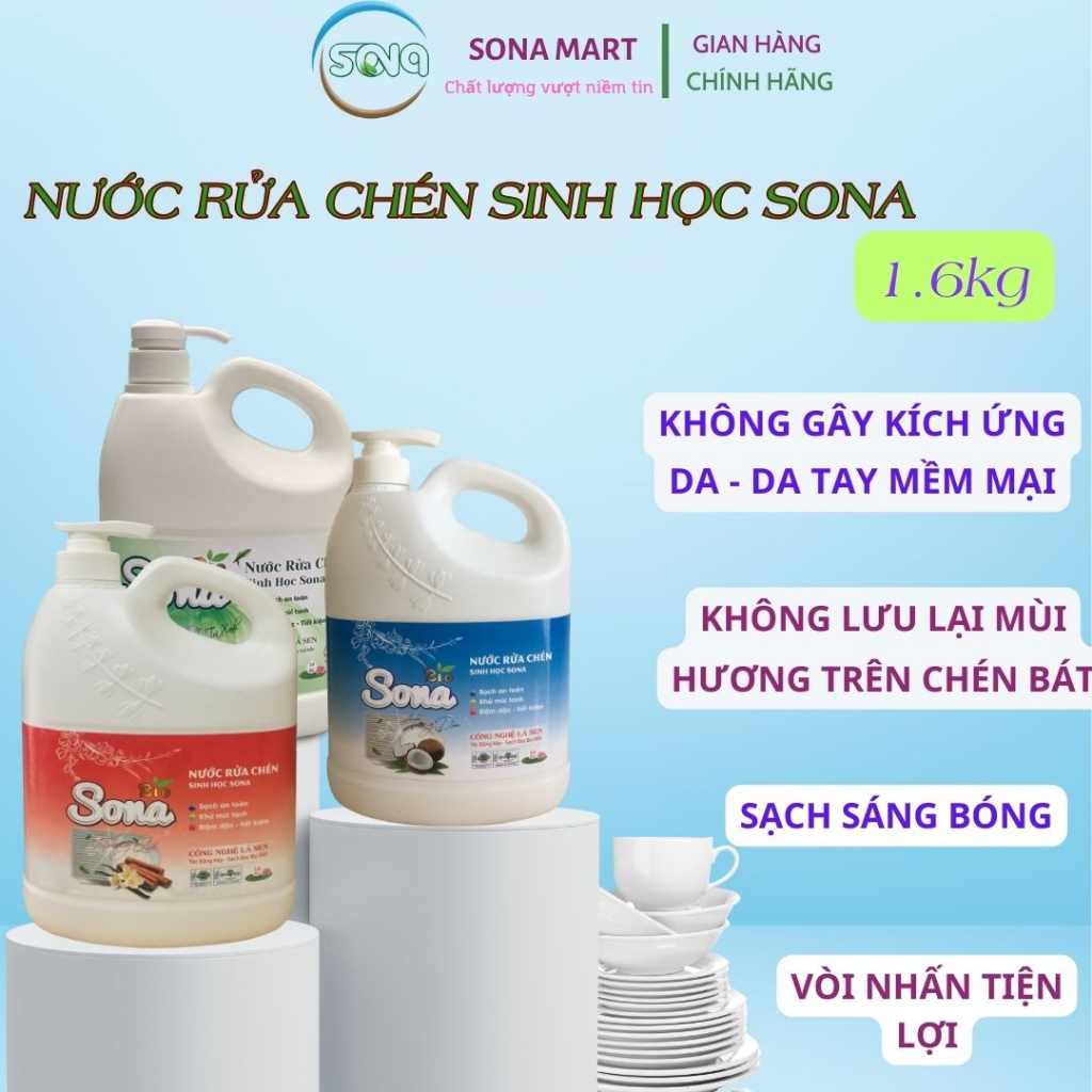 Nước rửa chén sinh học SONA 1,6L khử mùi tanh đậm đặc tiết kiệm không bám mùi trên chén bát