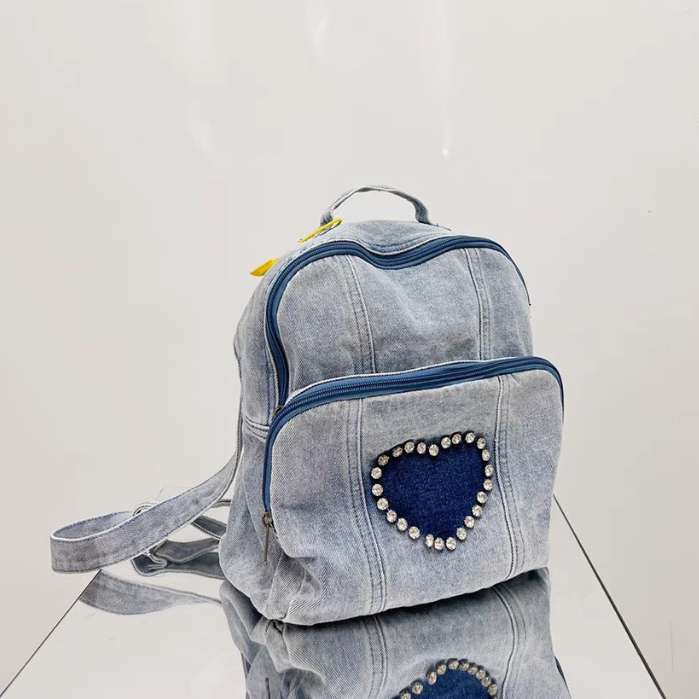 (FREESHIP) Ba Lô Mini Denim Delias Jisoo Đính Đá Phóng Cách Retro Jean Họa Tiết Trái Tim