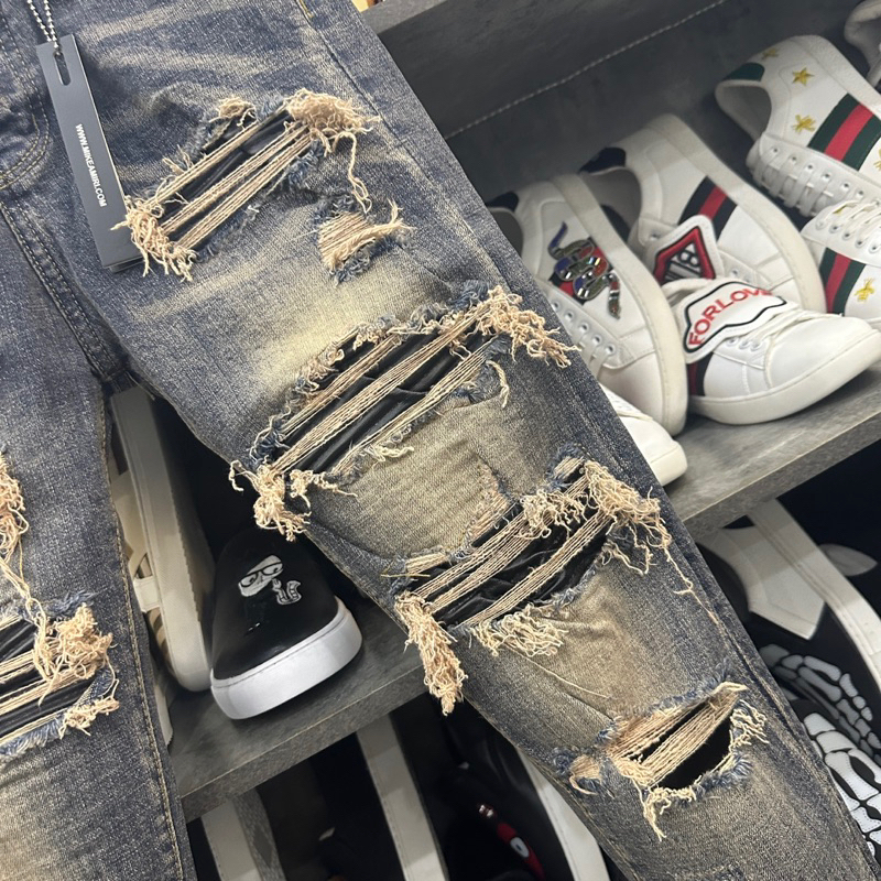 Quần JEAN Nam AMIRI Slimfit xanh khói rách tua lót da Quần bò Amiri vá nhiều da bản đẳng cấp nhất dòng vá da Hót 2023
