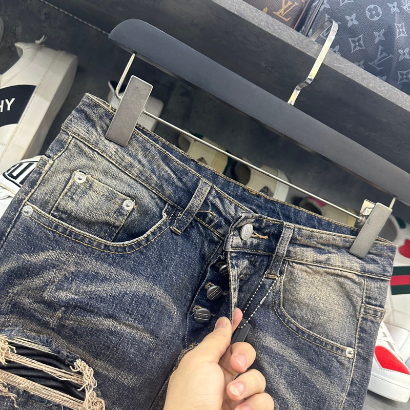 Quần JEAN Nam AMIRI Slimfit xanh khói rách tua lót da Quần bò Amiri vá nhiều da bản đẳng cấp nhất dòng vá da Hót 2023