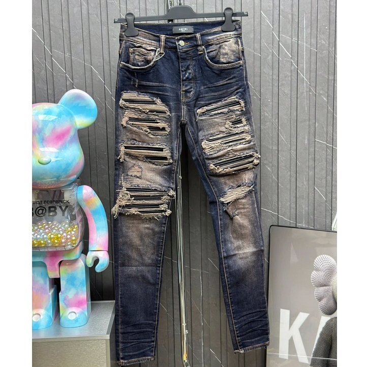 Quần JEAN Nam AMIRI Slimfit xanh khói rách tua lót da Quần bò Amiri vá nhiều da bản đẳng cấp nhất dòng vá da Hót 2023
