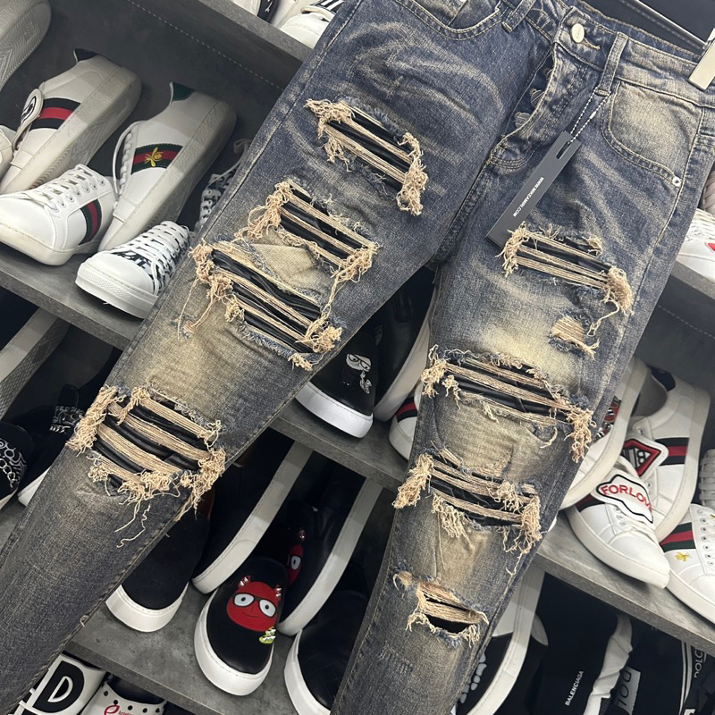 Quần JEAN Nam AMIRI Slimfit xanh khói rách tua lót da Quần bò Amiri vá nhiều da bản đẳng cấp nhất dòng vá da Hót 2023