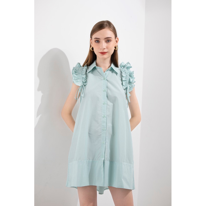 Váy sơ mi  chất liệu cotton thiết kế tay hoa loa kèn phong cách trẻ trung năng động thoải mái