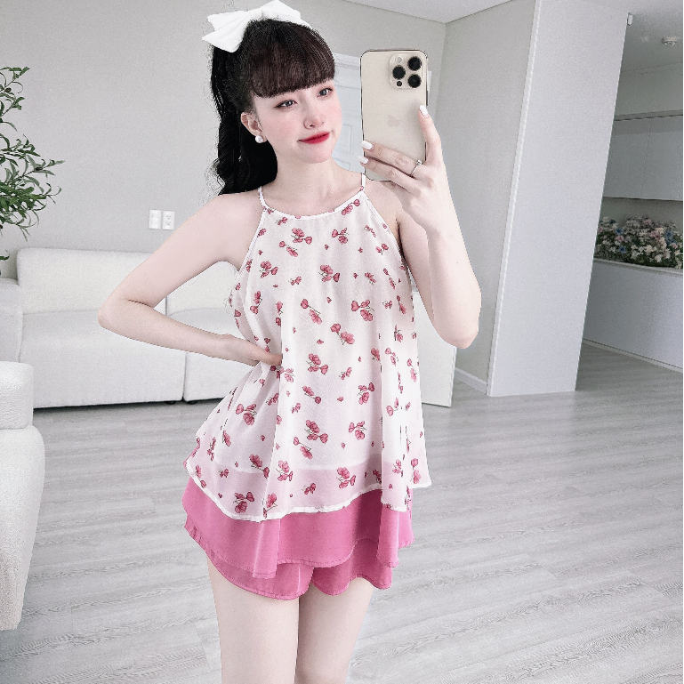 Đồ ngủ sexy SOJUN Bộ Chiffon Phối Latin 1 size 45 - 65Kg