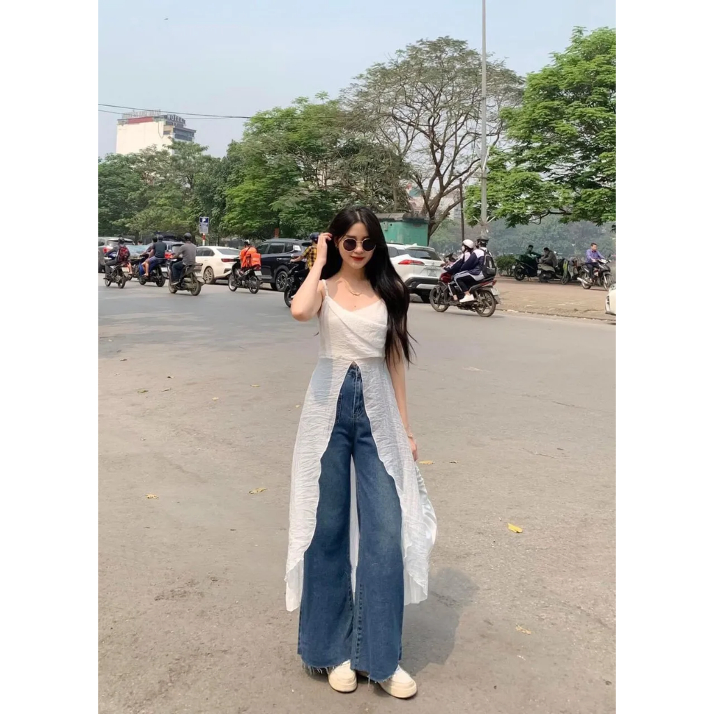 Áo 2 dây xẻ tà dáng dài chất voan đũi màu trắng đen- áo nữ kiểu xòe chữ A dài hot trend 2023 (A6)