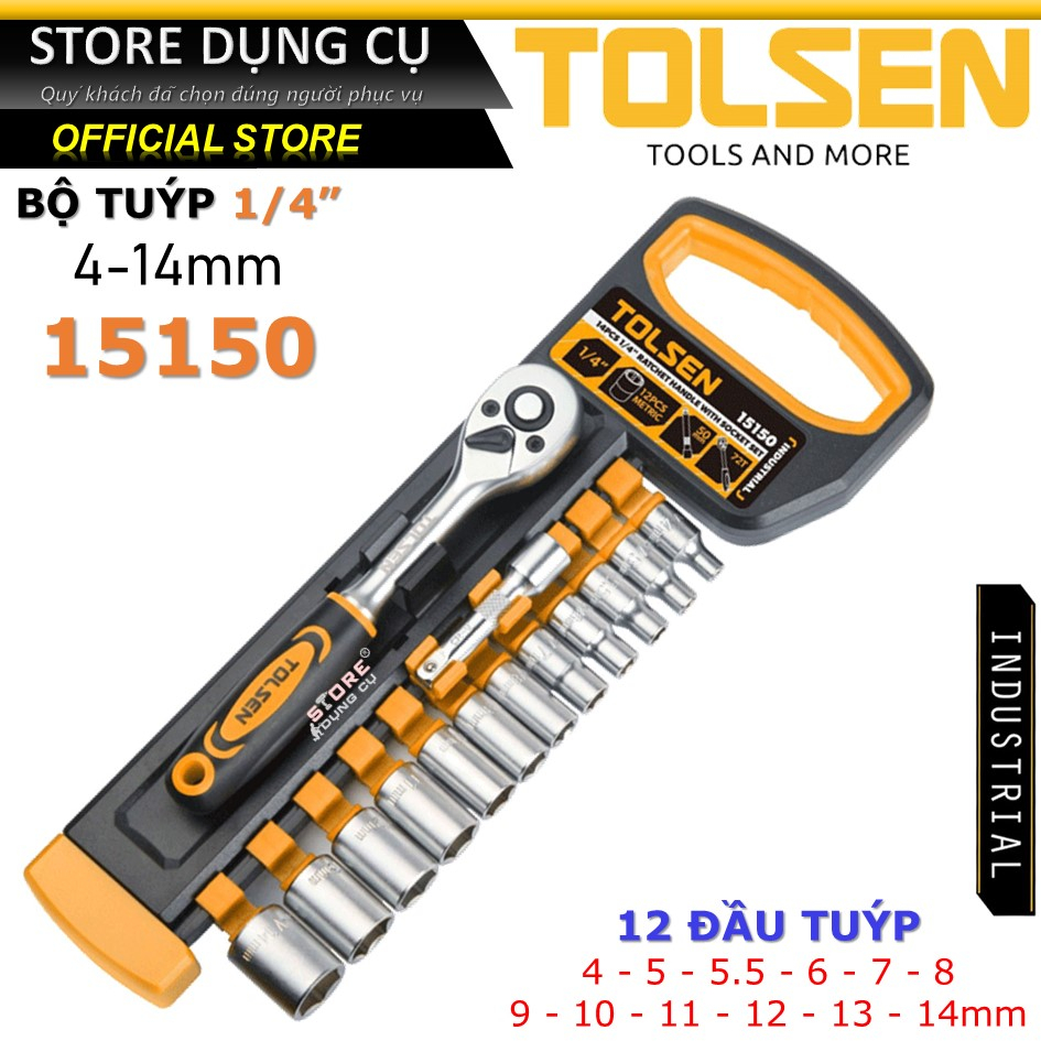 Bộ cần tuýp tự động 1/4" 12 món TOLSEN 15150 | Bộ đầu khẩu 1/4 inch công nghiệp hàng xuất khẩu châu Âu