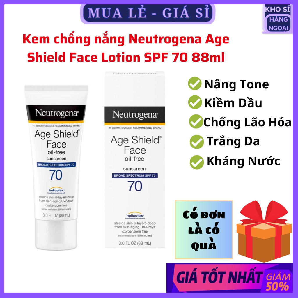 Kem Chống Nắng Kiềm Dầu Nâng Tone Neutrogena Age Shield Face SPF 70 chuẩn Mỹ 88ml