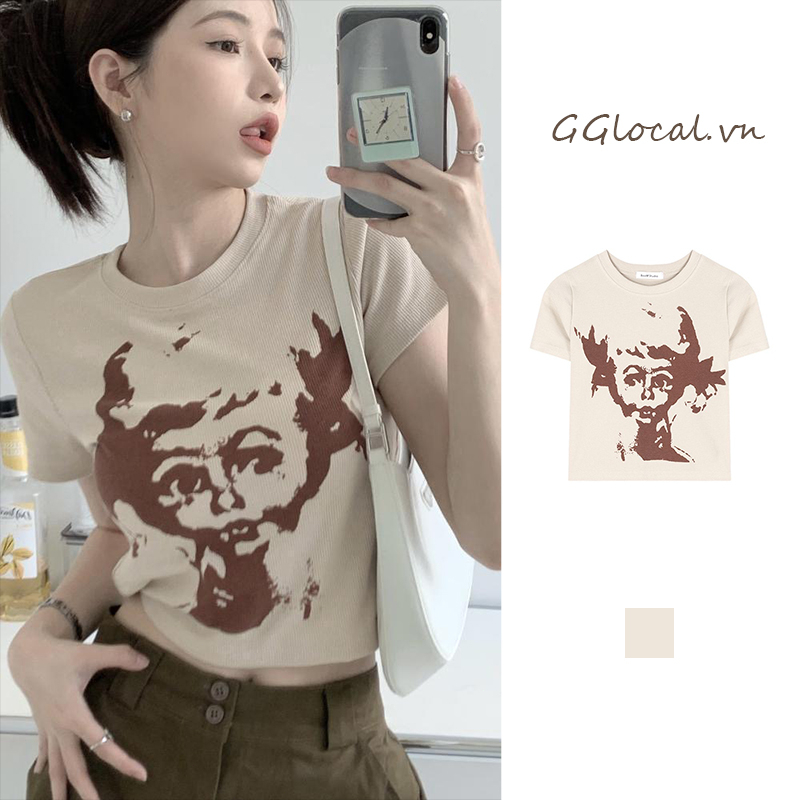 Áo CropTop Thun Ngắn Tay Dáng Rộng In Họa Tiết Retro Thời Trang Cho Nữ
