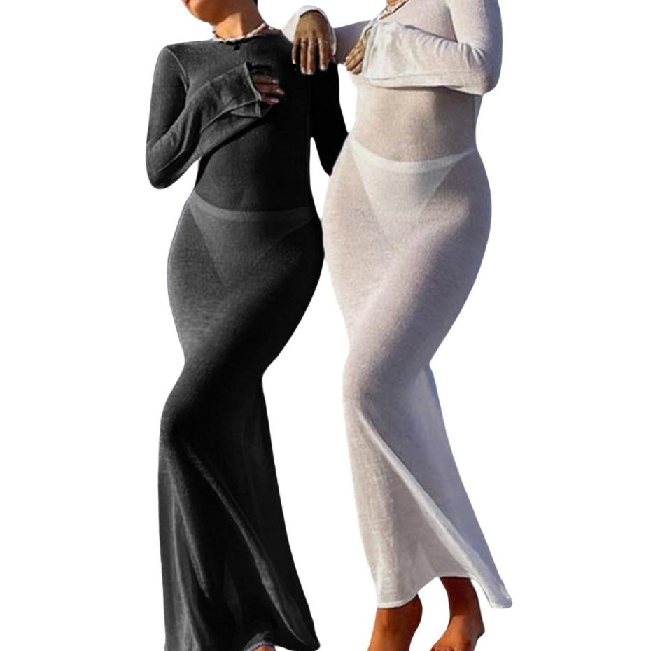 Đầm Tay Dài Cổ Tròn Xuyên Thấu Chống Nắng Màu Sắc Đơn Giản Dành Cho Nữ