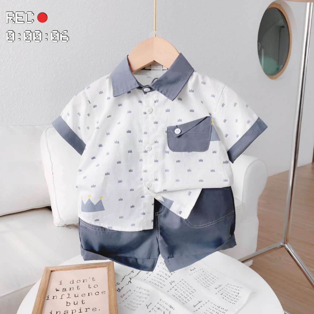 (9-22kg) Bộ áo sơ mi + quần vương miện thiết kế túi áo ngực cách điệu cho bé chất mềm mát size 9-22kg TE214
