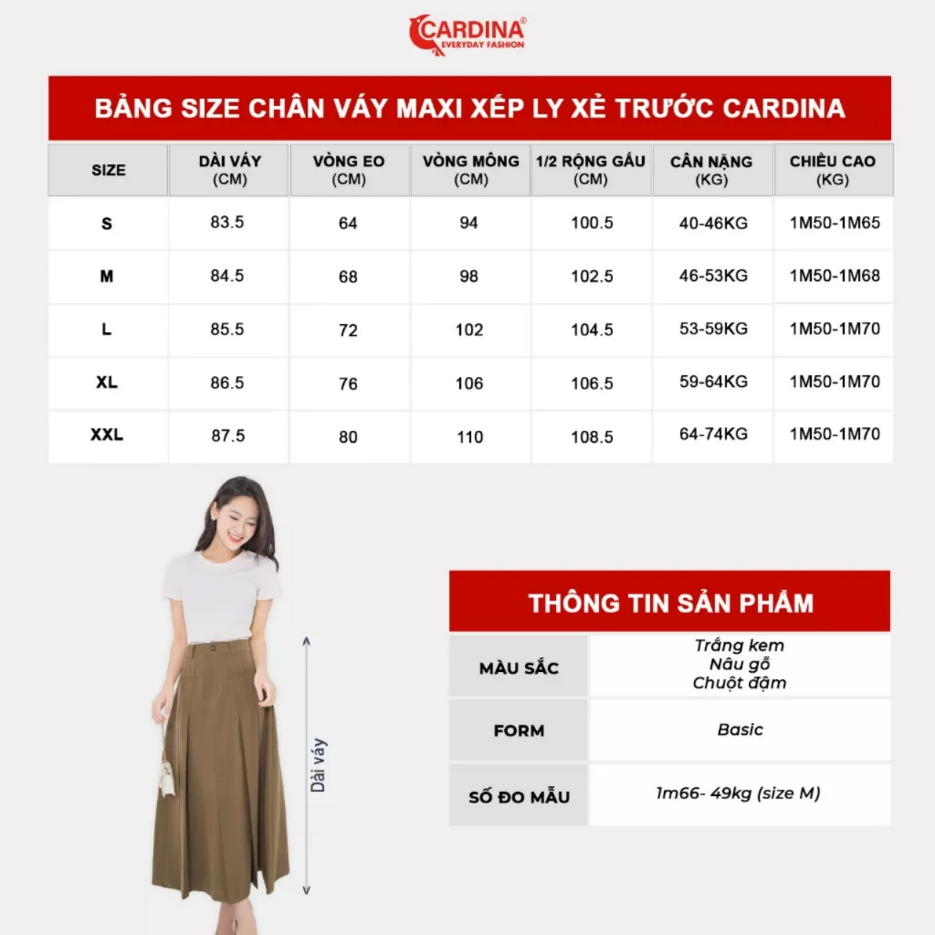 Chân Váy Nữ 𝐂𝐀𝐑𝐃𝐈𝐍𝐀 Chất Tuyết Mưa Hàn Dáng Maxi Xếp Ly Xẻ Trước Thanh Lịch Nữ Tính Phóng Khoáng Màu Đẹp Dễ Phối 3CV10
