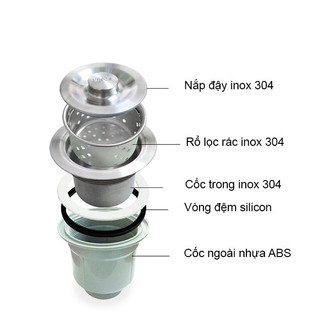 Bộ xả chậu rửa chén đôi 304 bộ xả chậu chén 2 hộc phi 110mm