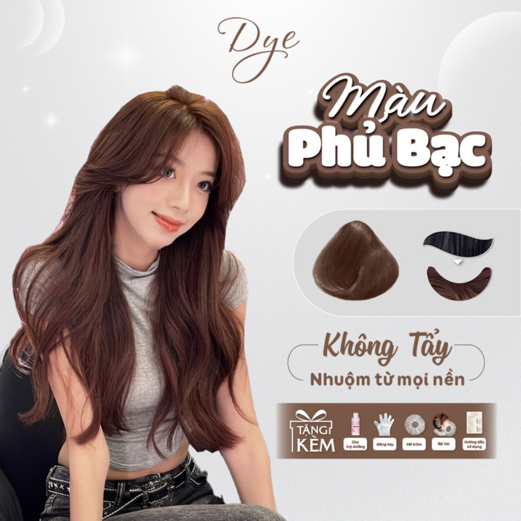 Thuốc nhuôm tóc, thuốc nhuộm tóc NÂU PHỦ BẠC, DYE.HAIR, tặng kèm oxy trợ dưỡng và bao tay