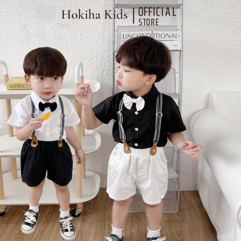 (9-23kg) Set áo sơ mi + quần phối đai Hokiha Kid cho bé trai áo chất thô Hàn, quần kaki mềm mại size 9-23kg TE341