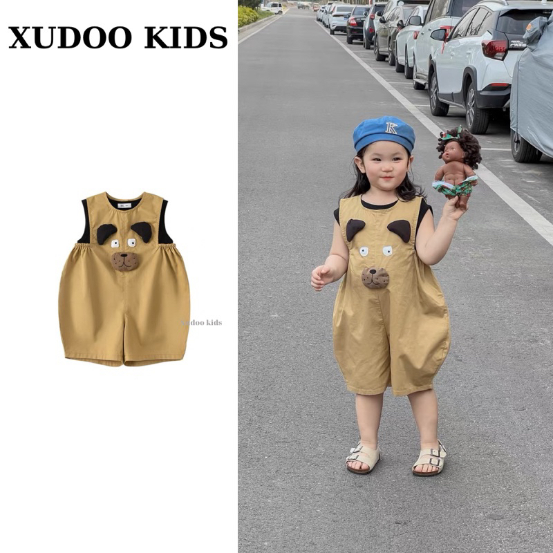 Set Quần Yếm Họa Tiết Chó Con + Áo Đen Cho Bé Trai Bé Gái, Phong Cách Hàn Quốc Siêu Cute, Chất Mềm Mại - XUDOO KIDS