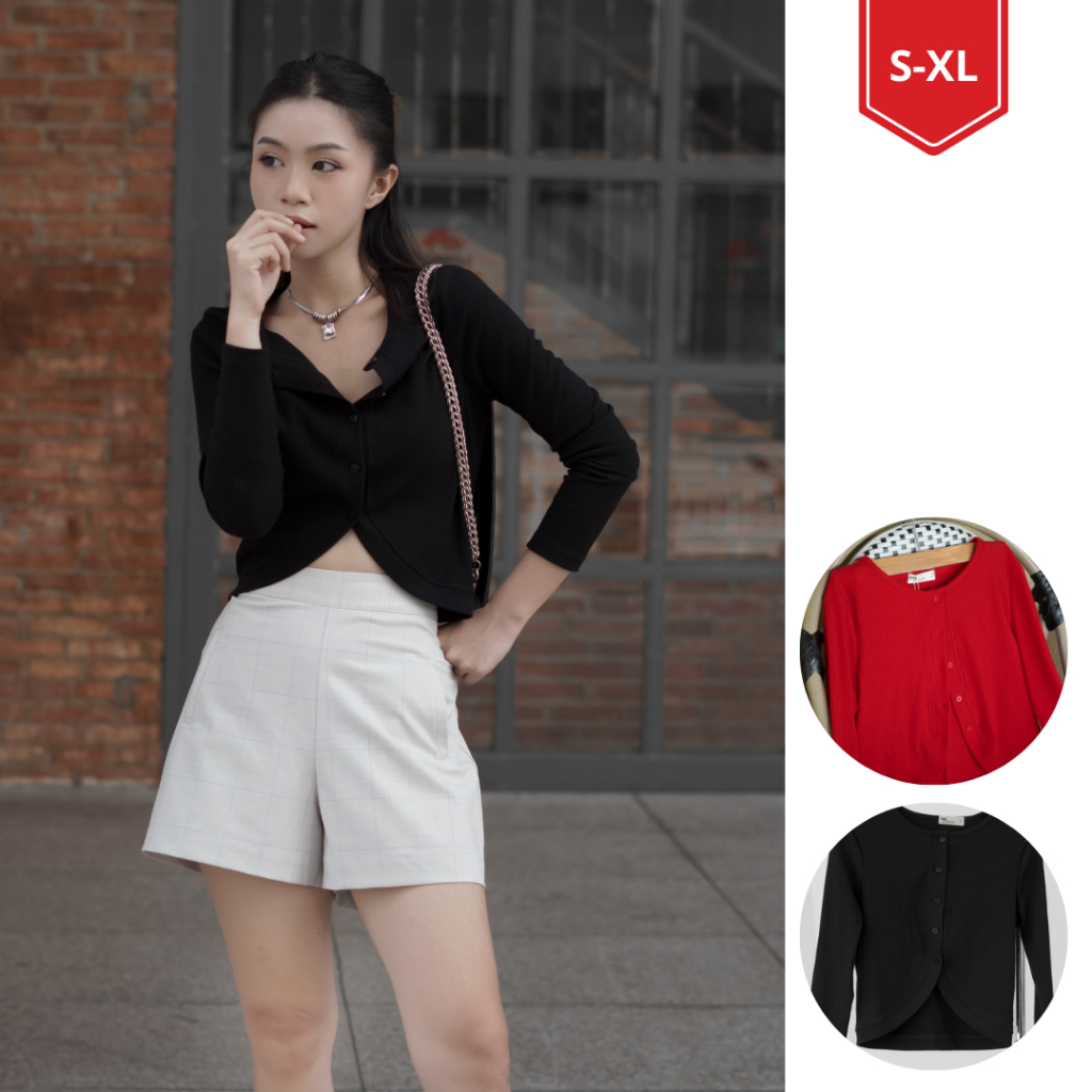 EmCOTTON Áo thun gân tay dài áo cardigan thun cotton mát mịn