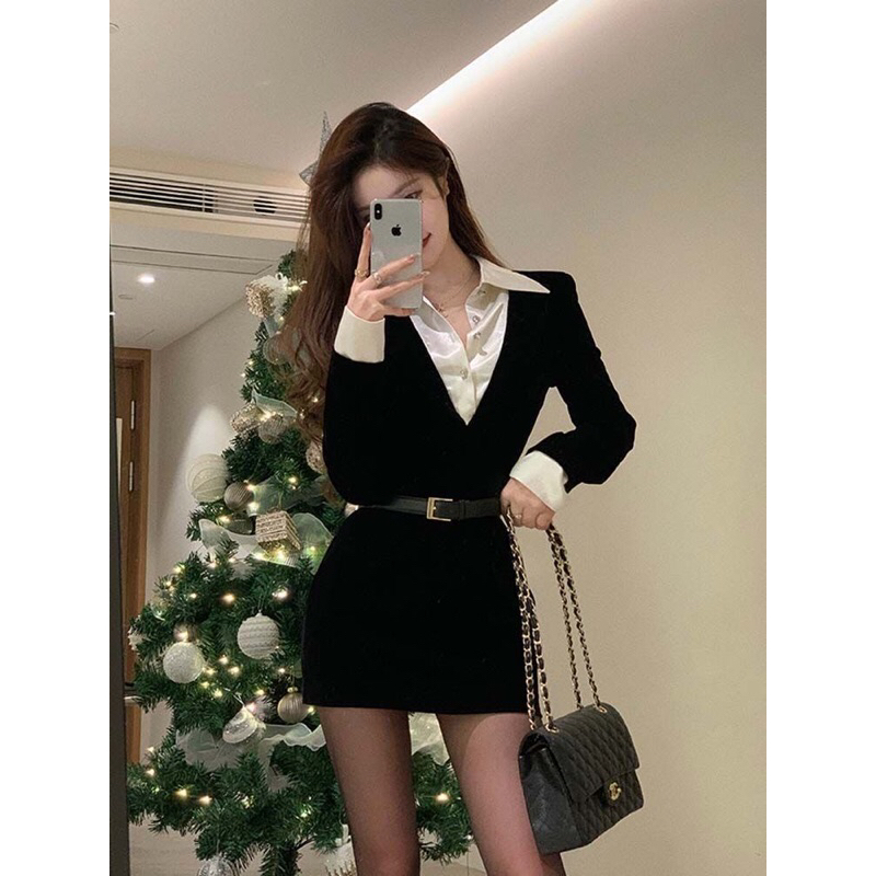 Váy body cổ sơ mi kèm đai hàng quảng châu