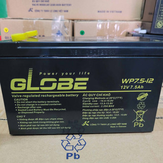 Bình lưu điện12v-7.5Ah; battery Globe WP7.5-12 dùng cho lưu điện cửa cuốn, lưu điện ups loa kéo