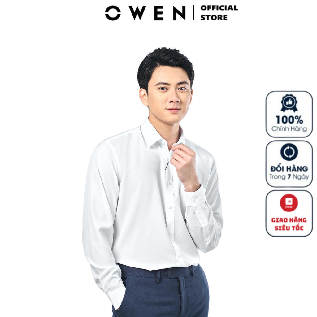 Áo sơ mi dài tay nam OWEN AR230332DT công sở vải Recycle poly cao cấp màu trắng trơn dáng regular fit tà lượn có túi