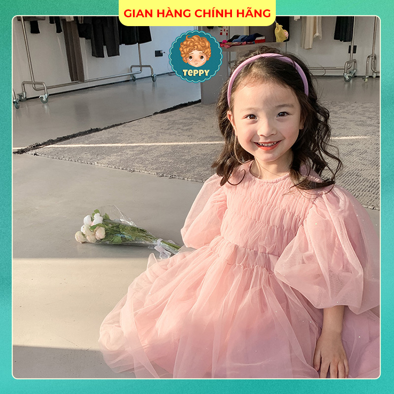Đầm váy đi tiệc xoè phồng màu hồng phấn có kim tuyến nhẹ cho bé gái (Hàng Qc loại 1)